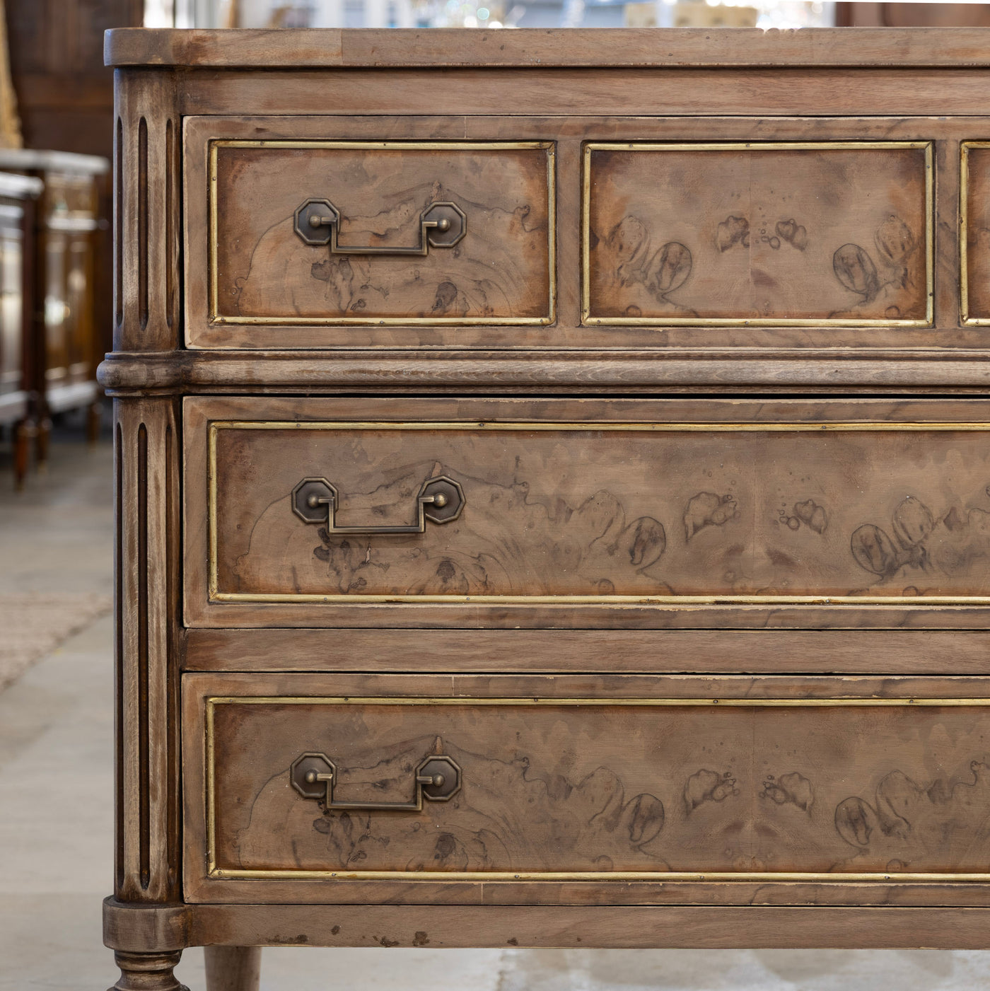 Louis XVI 3-Drawer Chest – Stripped Burl Wood with Gold Trim