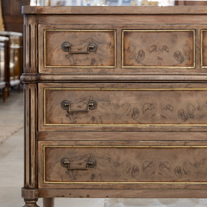 Louis XVI 3-Drawer Nightstand – Stripped Burl Wood with Gold Trim