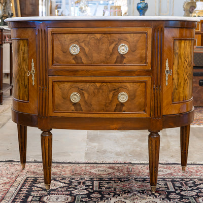 Louis XVI Demilune Chest – Burl Wood with White Marble Top