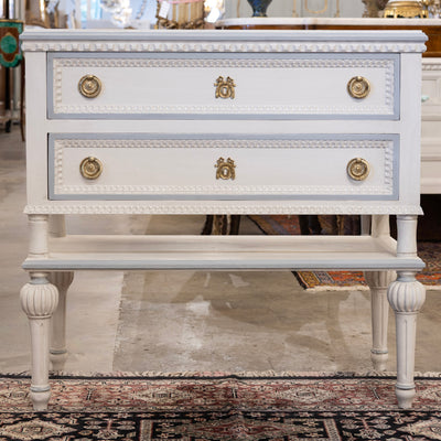 Swedish 2-Drawer Chest with Shelf– White with Blue Trim