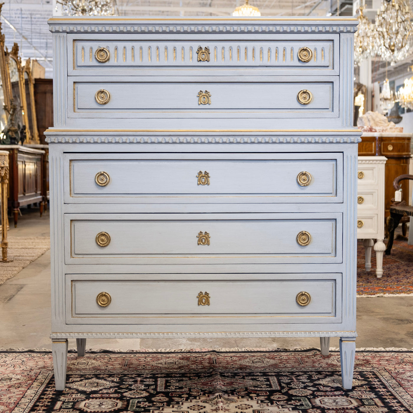 Swedish Tall Chest – Blue with Gold Trim and Brass Hardware