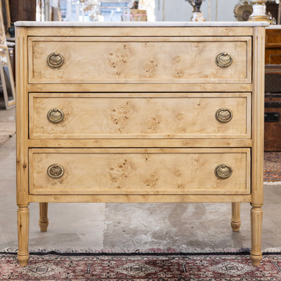 Louis XVI Burl Chest – Light Stripped Wood & White Marble Top