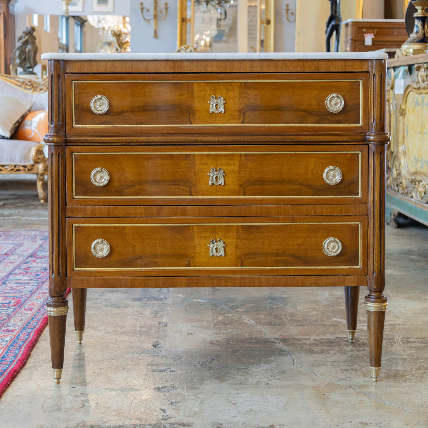 Louis XVI Burl Wood Nightstand – Gold Inlay & White Marble Top