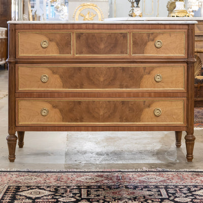 Louis XVI Light Burl Wood 3-Drawer Chest – White Marble Top