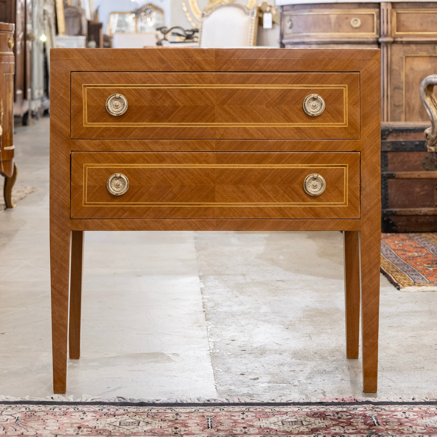 Art Deco Burl Wood 2-Drawer Chest – Inlaid Panels & Brass Pulls