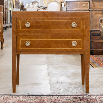 Art Deco Burl Wood 2-Drawer Chest – Inlaid Panels & Brass Pulls