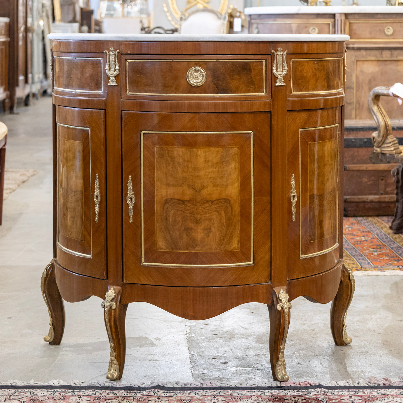 Louis XV Demilune Burl Wood Nightstand – White Marble Top & Ormolu Mounts
