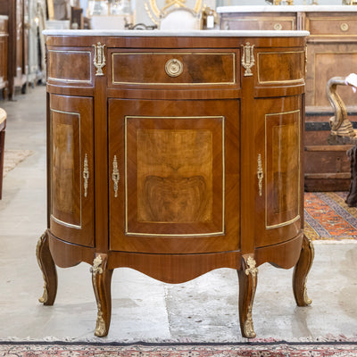 Louis XV Demilune Burl Wood Nightstand – White Marble Top & Ormolu Mounts