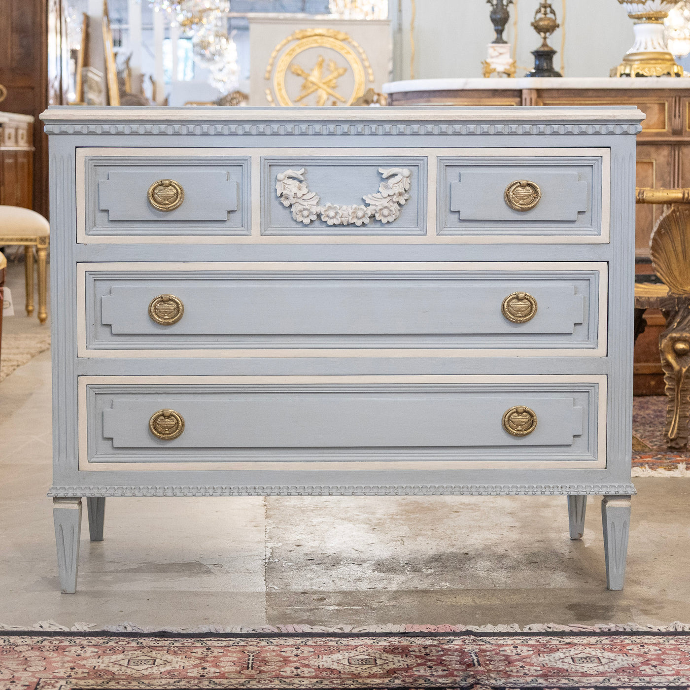 Swedish 3-Drawer Chest in French Blue – Carved Floral Detailing & White Trim