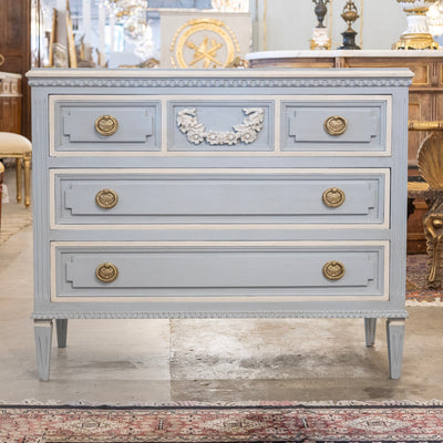 Swedish 3-Drawer Chest in French Blue – Carved Floral Detailing & White Trim
