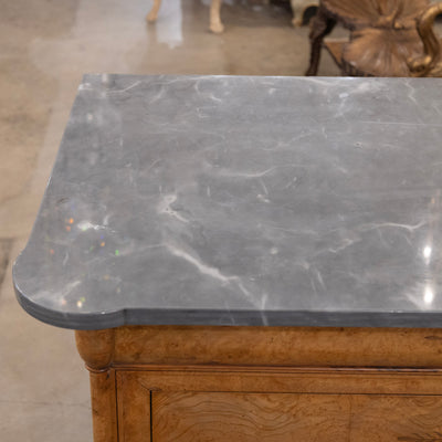 Louis Philippe Burl Wood Chest – Floral Drawer Detail & Black-Grey Marble Top