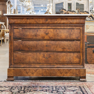 Louis Philippe Burl Wood Chest – White Marble Top & Floral-Lined Drawers