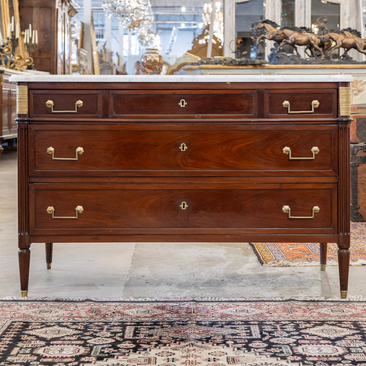 Louis XVI St. Charles 3-Drawer Chest – Burl Wood & White Marble Top
