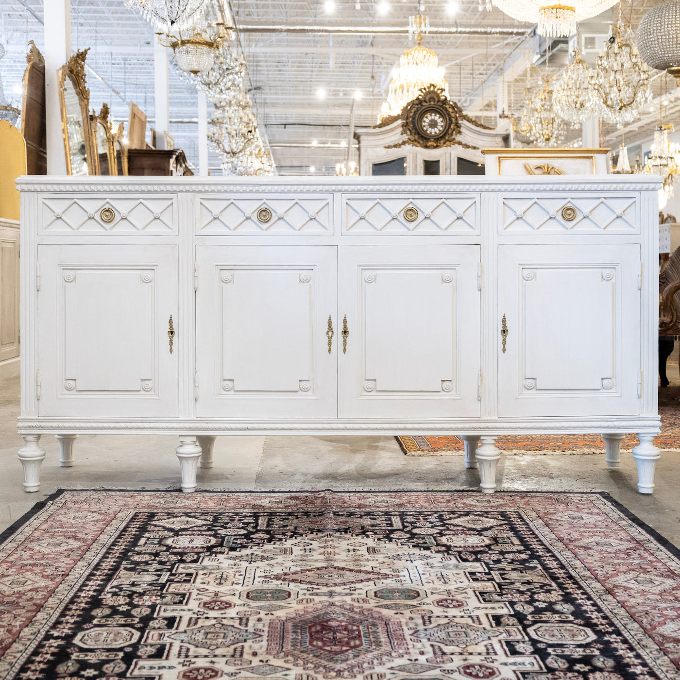 Swedish Four-Door Sideboard –  Lattice Carved Detail in Dove White