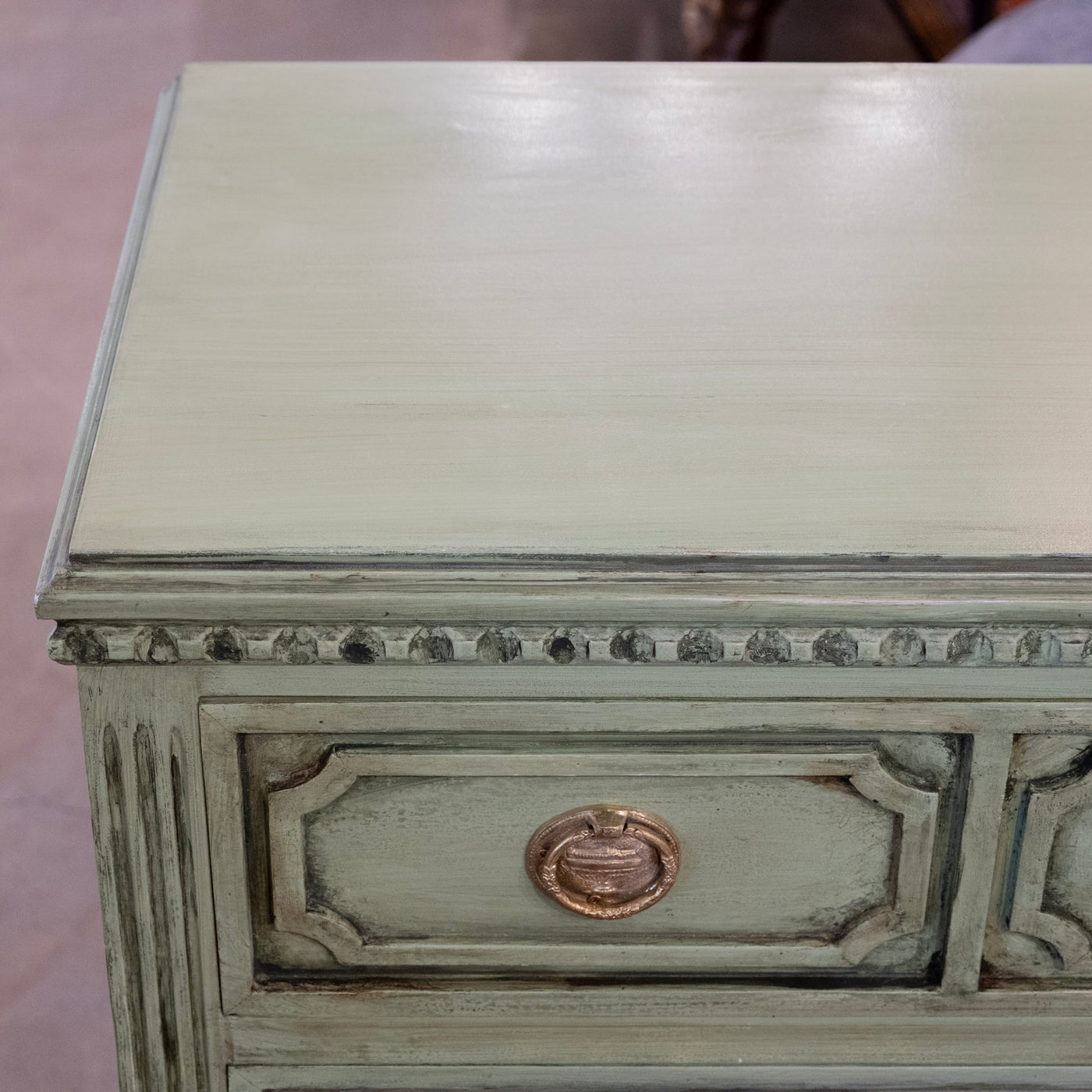 Swedish 3-Drawer Carved Chest – Distressed Green Finish