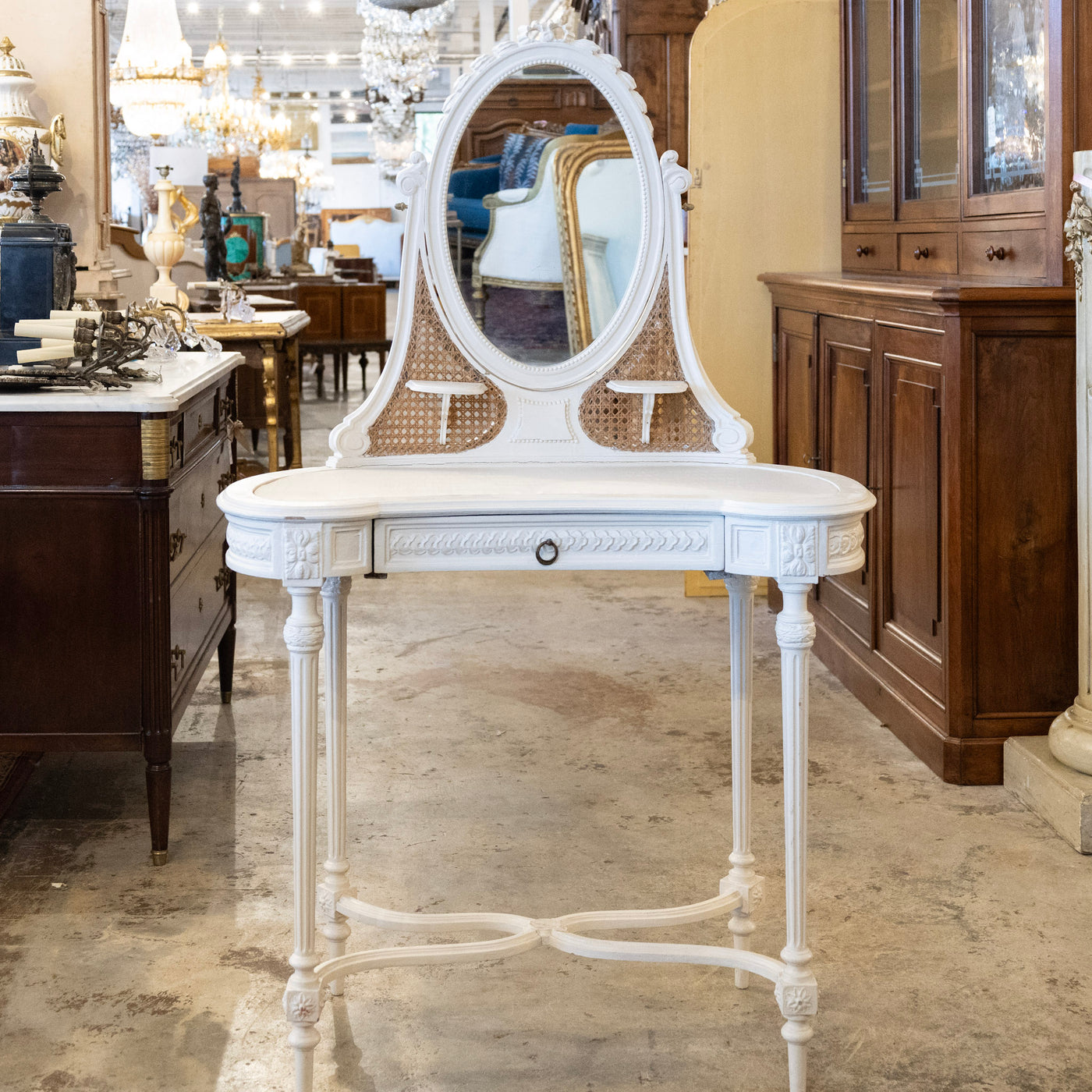 Swedish White Vanity – Oval Mirror & Cane Panels