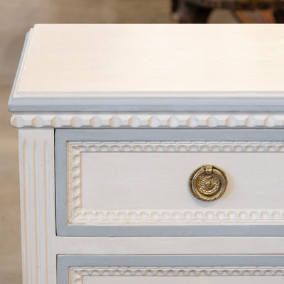 Petite Swedish Nightstand with Shelf – White with Blue Beaded Trim