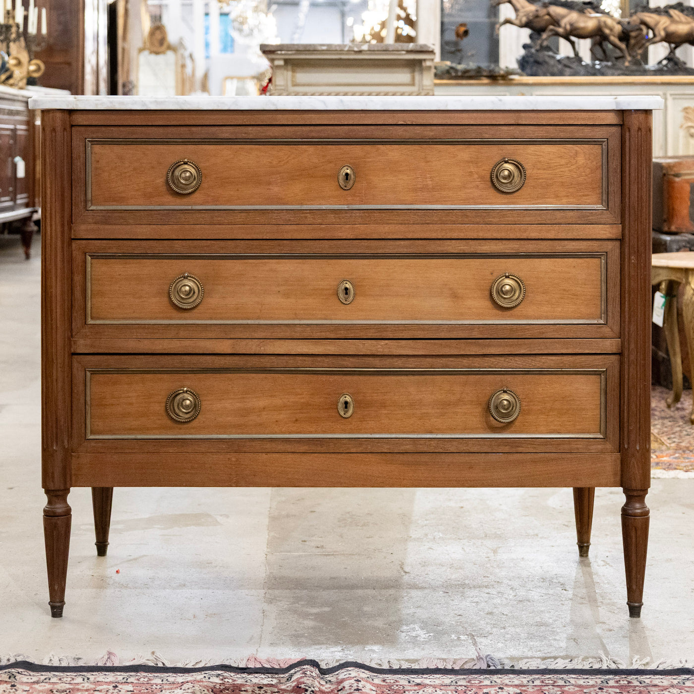 18th century Louis XVI Chest – Brass Trim & White Marble Top