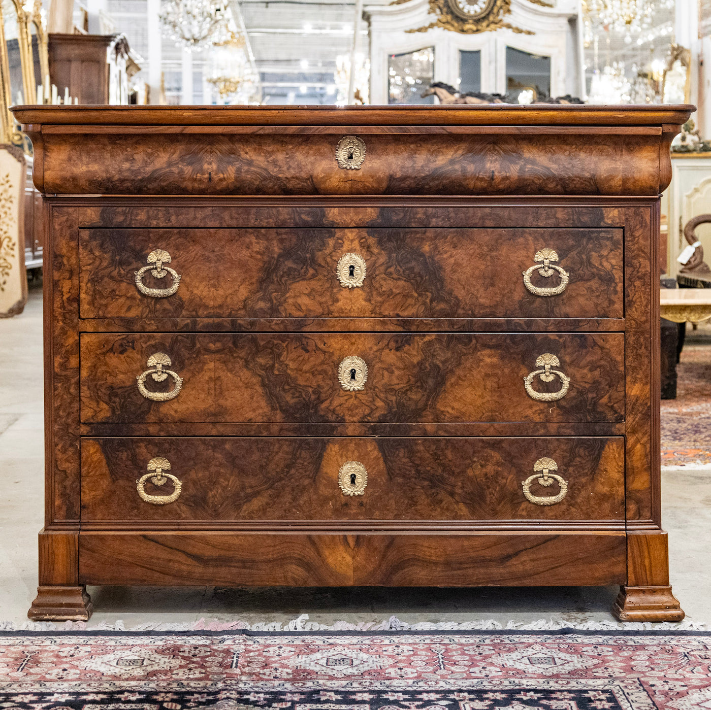 Louis Philippe Marbled Burl Wood Chest – Ornate Pulls