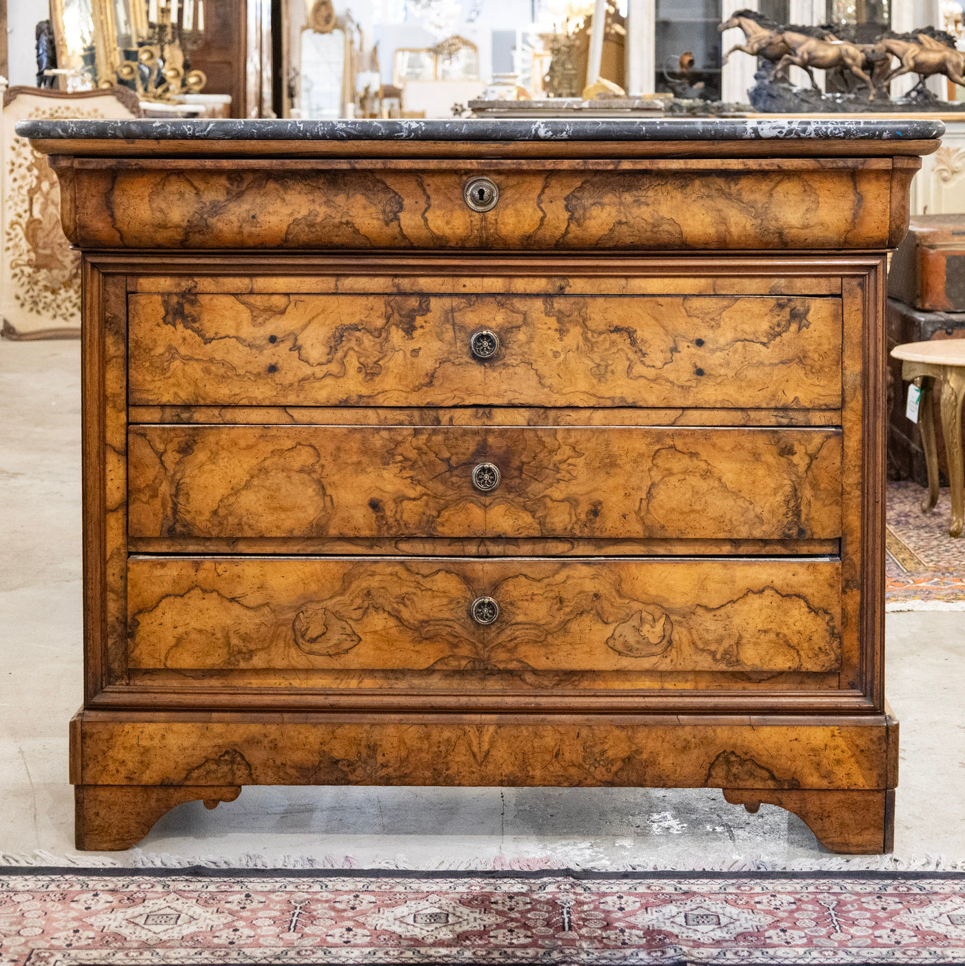 Louis Philippe Marbled Burl Wood Chest – Black Marble Top