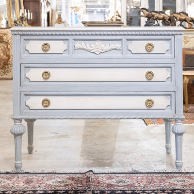 Swedish 3-Drawer Chest – Blue & White Finish with Floral Carving