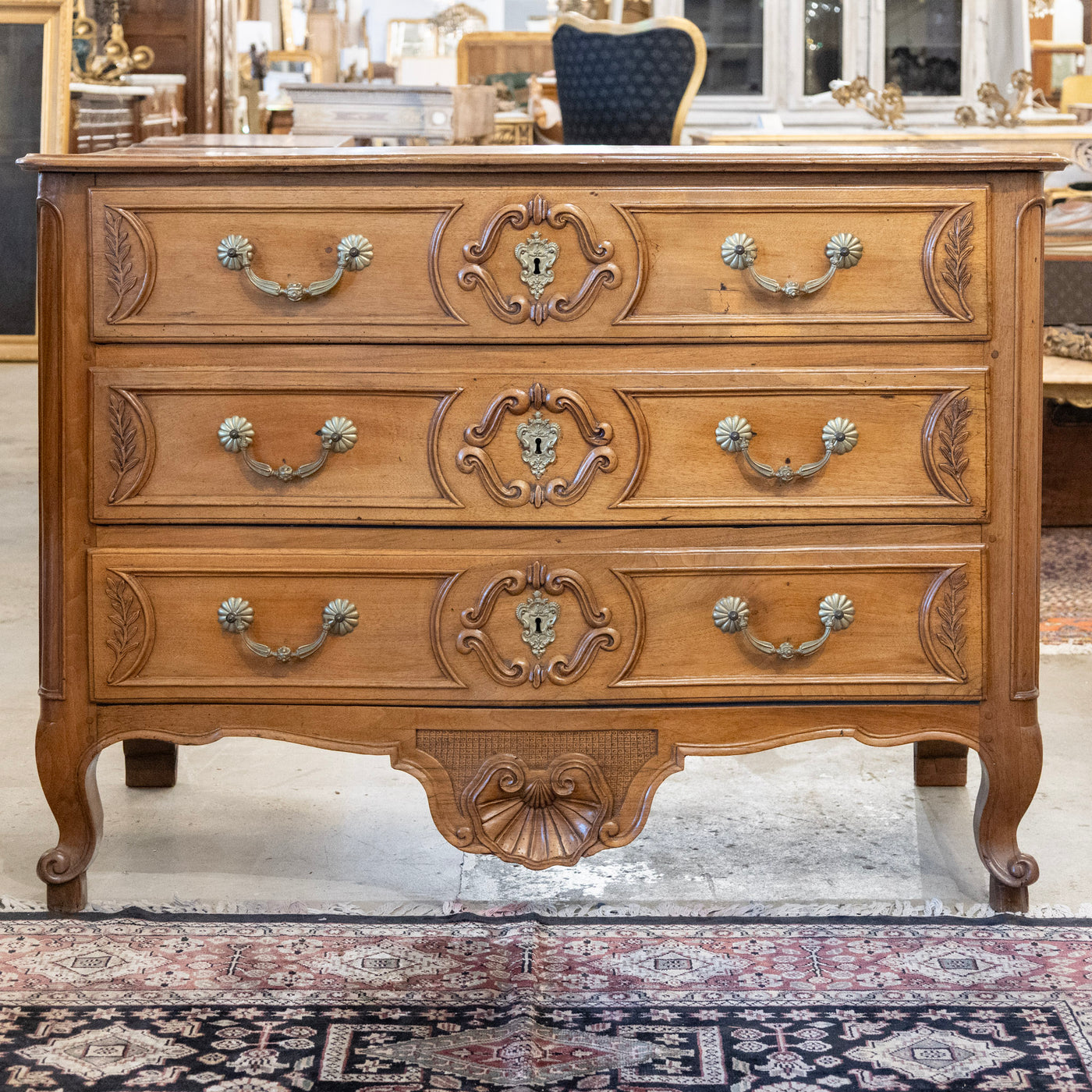 18th Century Wood Chest – Hand-Carved Details & Brass Rosette Pulls