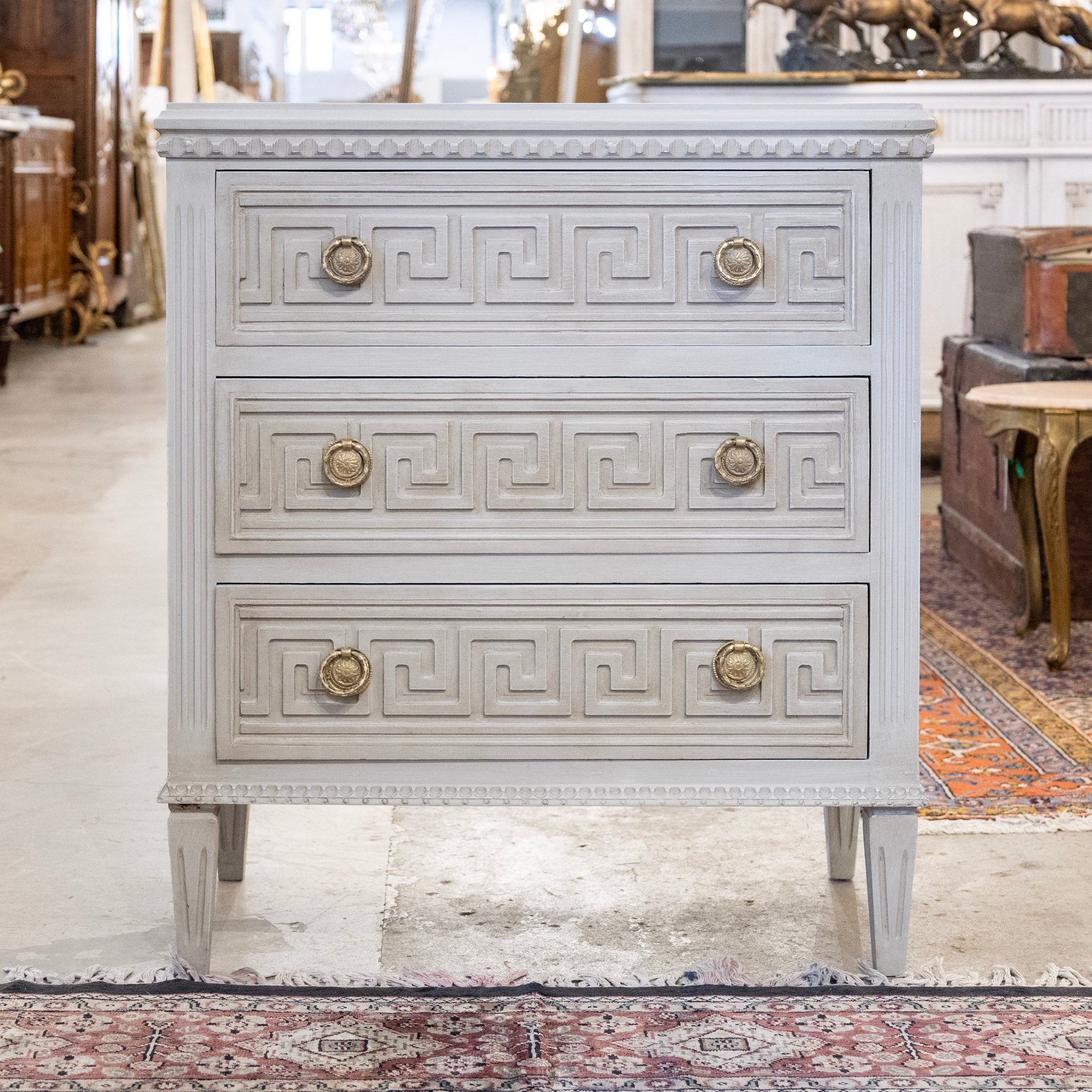 Greek Drawer Swedish 3-Drawer Chest – Greek Key Trim in French Grey – Le Chateau