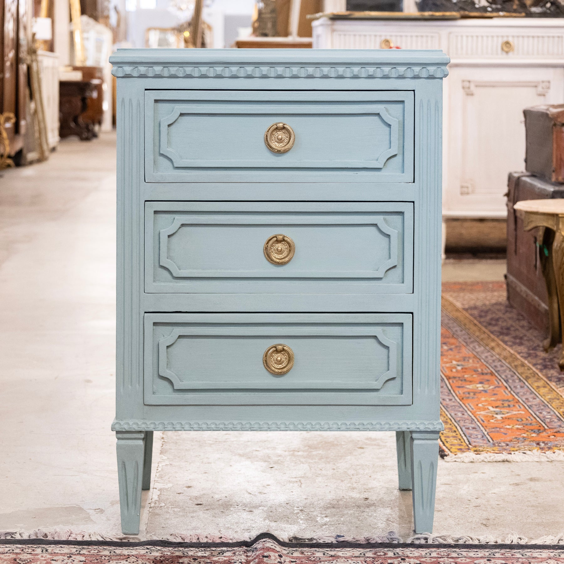 Swedish 3-Drawer Nightstand – Open Block Trim & Fluted Legs in Green ...