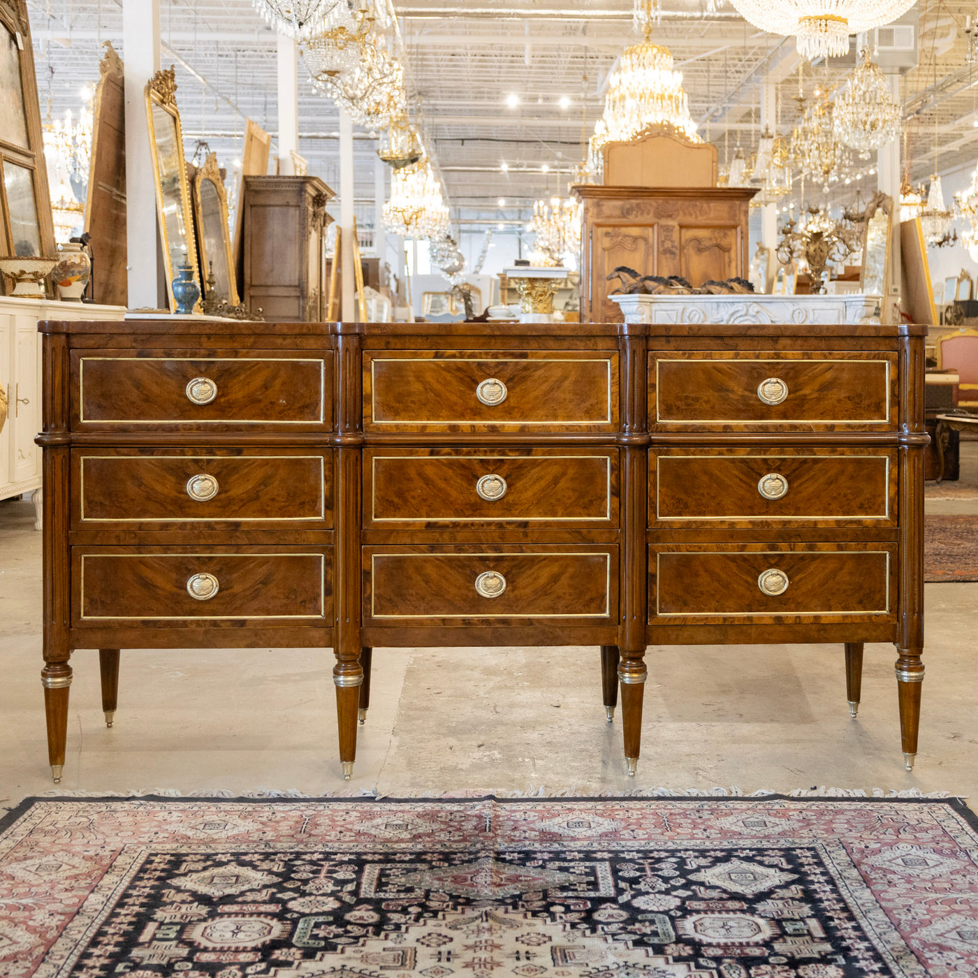 burlwood dresser Louis XVI Burl Wood Nine Drawer Dresser – Brass Inlay & Greek Pulls