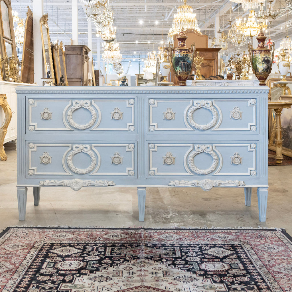 light blue dresser Swedish Four Drawer – Bow Wreath Carvings & White Trim – Le Chateau Petal and Pup Women's pearl dress girl its ideal for storing Your Height:175cm - 180cm