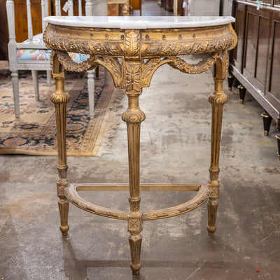 Louis XVI Petite Gilded Demilune Console – Carved Detailing & White Marble Top