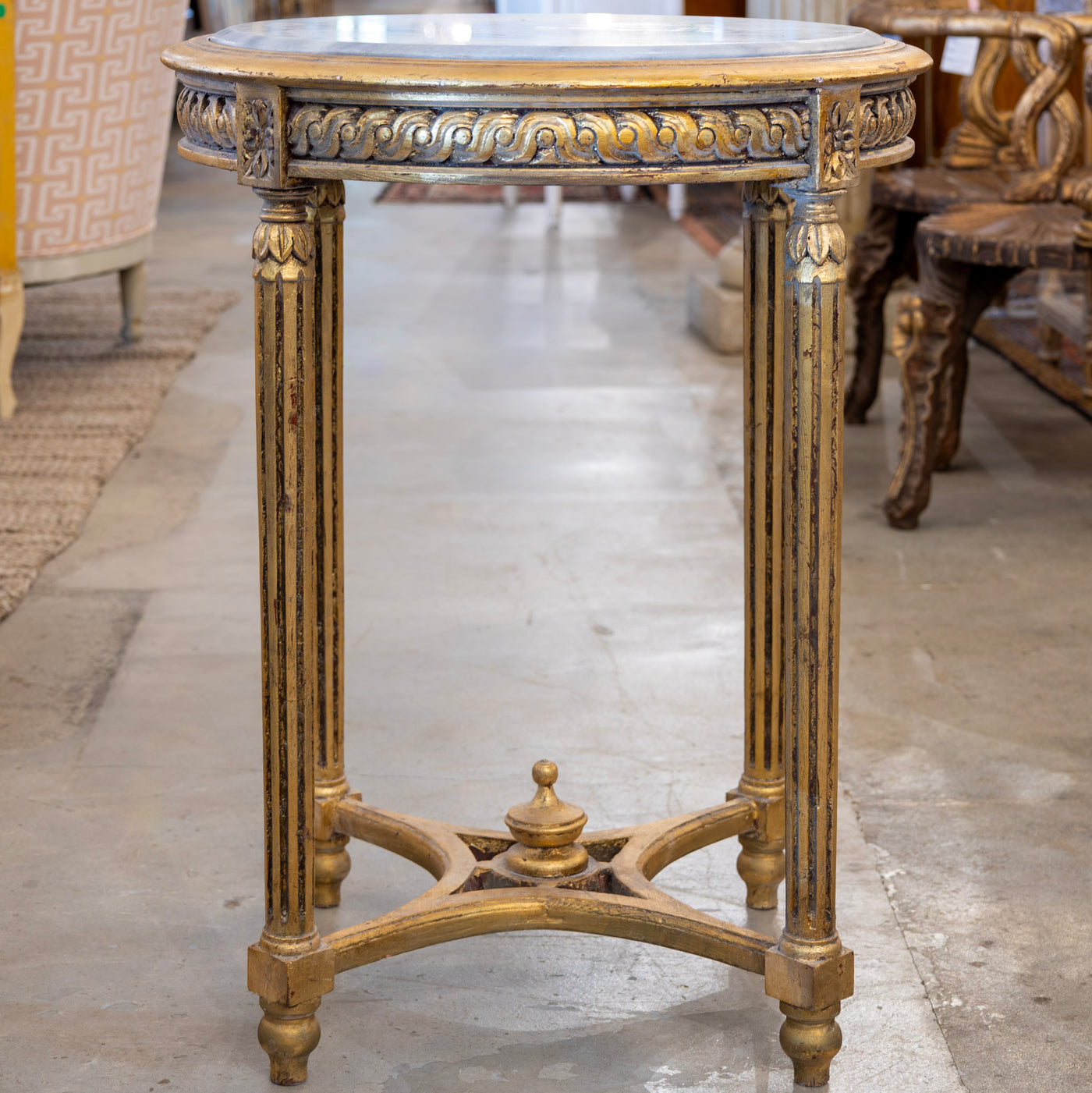 Louis XVI Side Table – Carved Trim & Dark Marble Top
