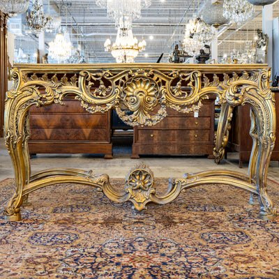 Louis XV Ornate Console Table – Detailed Gold Carvings & White Marble Top