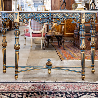 Louis XV Demilune Gilded Console Table – Blue Trim & White Marble Top