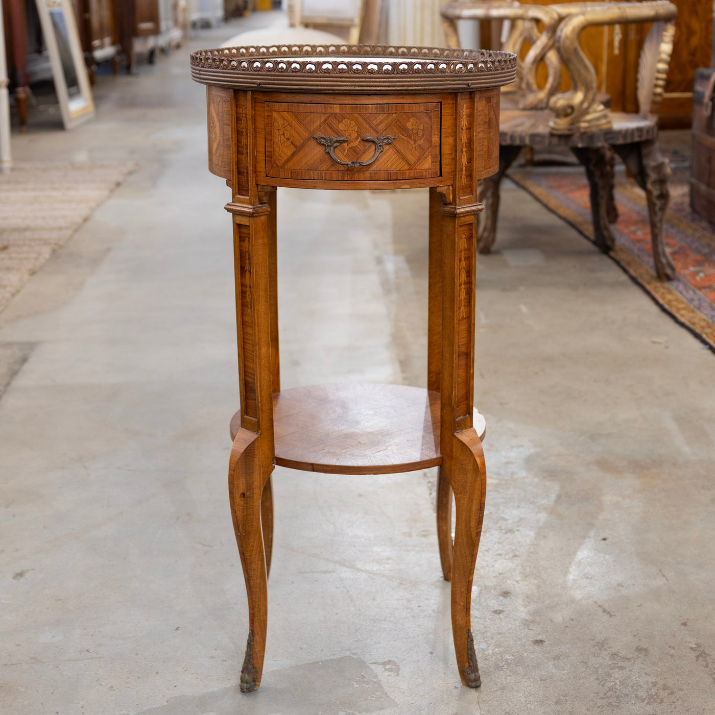Louis XVI Brown Marquetry Side Table – Floral Porcelain Top
