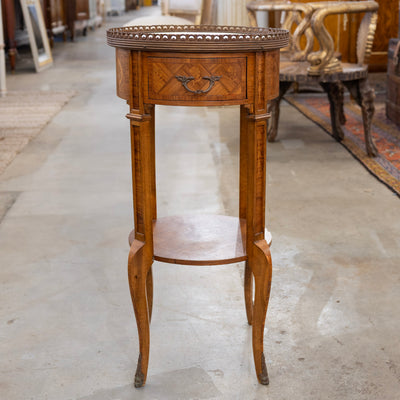 Louis XVI Brown Marquetry Side Table – Floral Porcelain Top