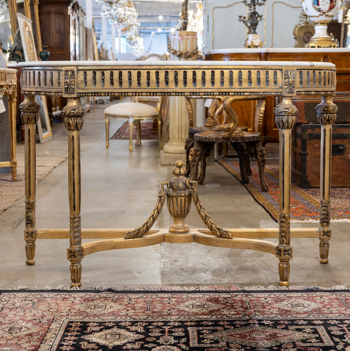 Louis XVI Gilded Demilune Console Table – Detailed Carvings & White Marble Top