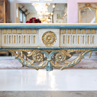 Louis XVI Gilded Console Table – Hand-Painted Blue & Gold with White Marble Top