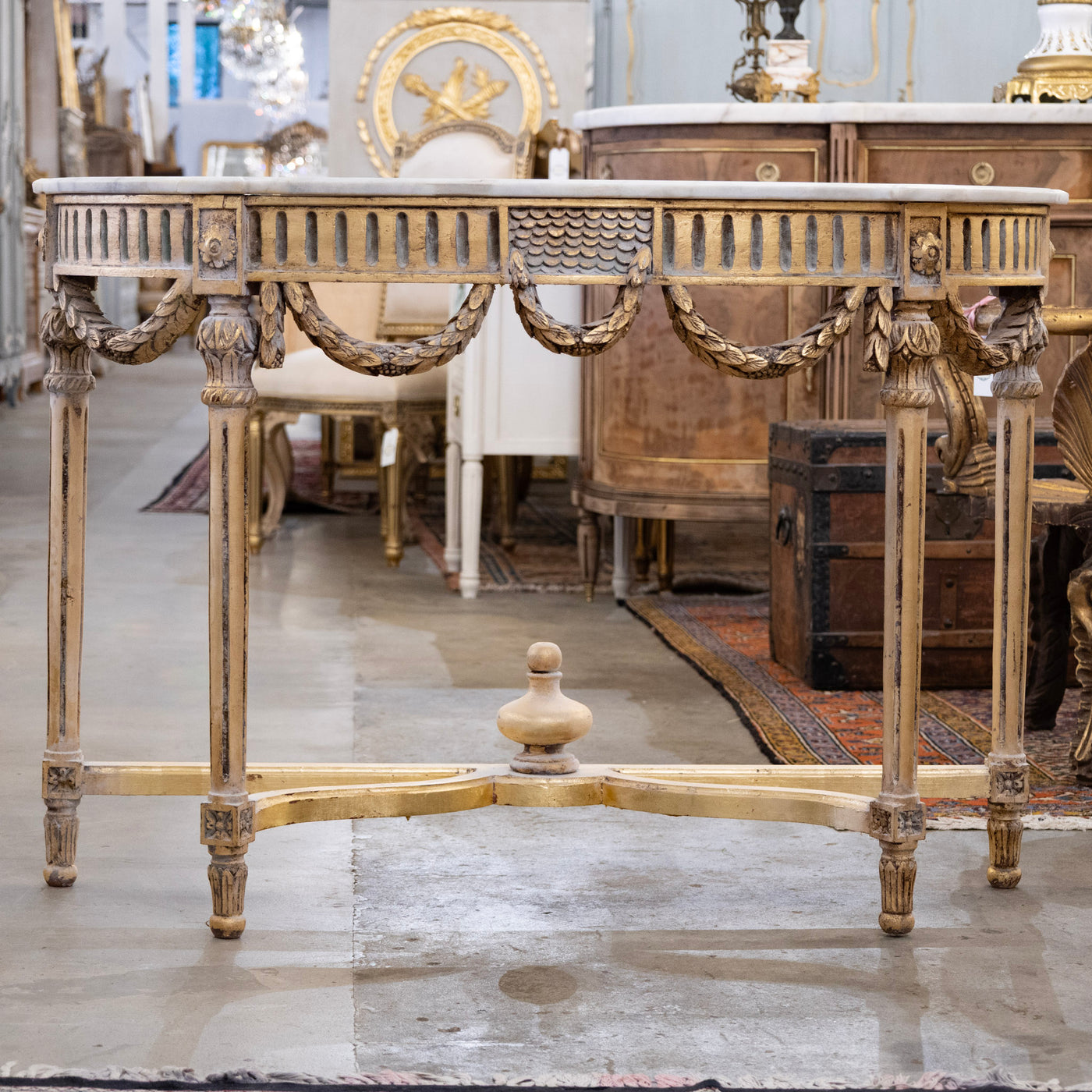 Louis XVI Demilune Console – Gilded Carvings with White Marble Top