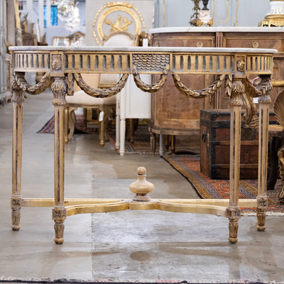 Louis XVI Demilune Console – Gilded Carvings with White Marble Top