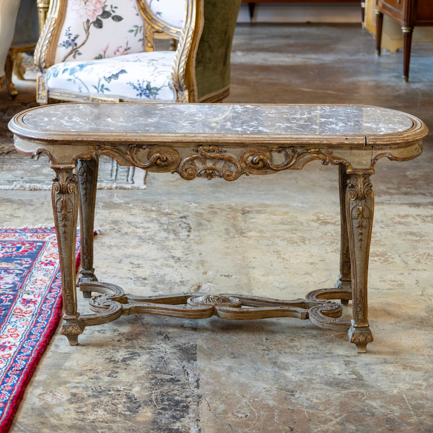 Italian Oval Coffee Table – Gilded Carvings & Gray Marble Top