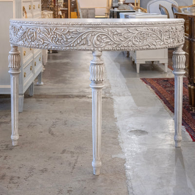 Louis XVI Carved Wood Demilune Console Table - Distressed Grey Finish