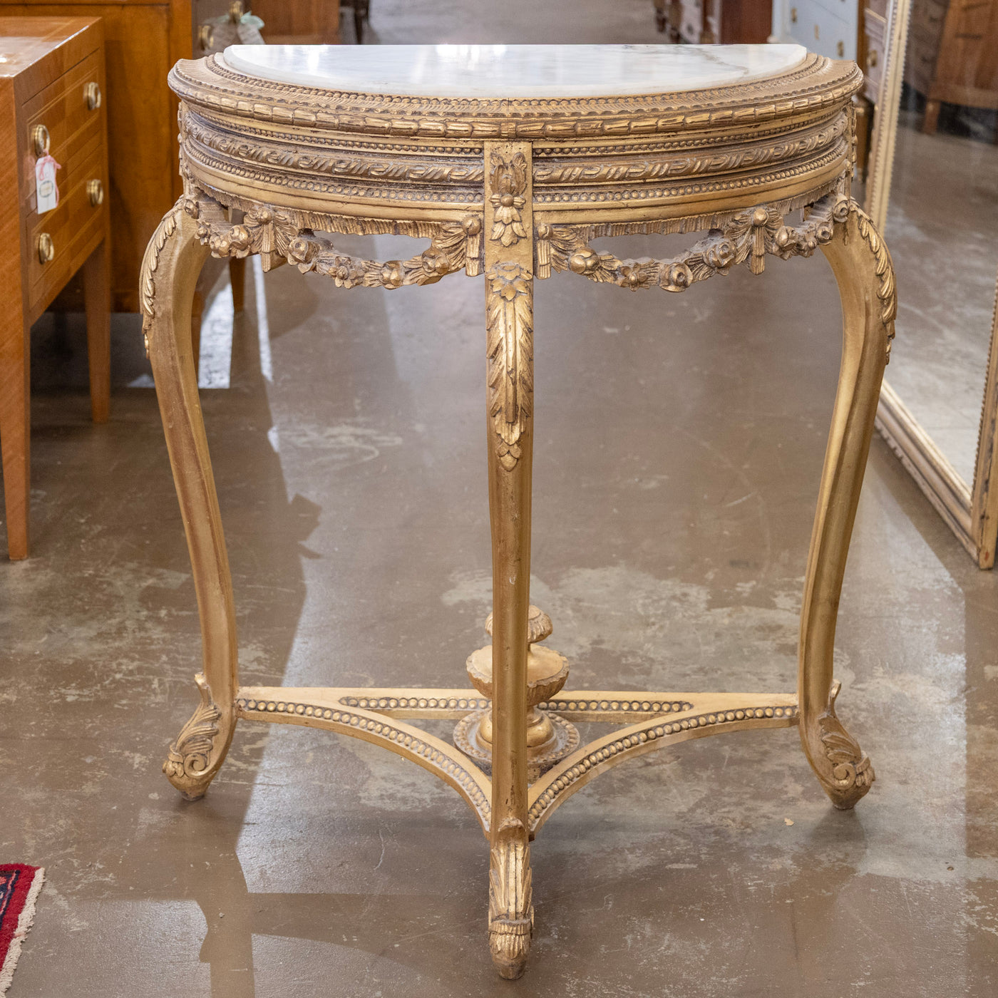 Louis XV Style Gilded Demilune Console Table – White Marble Top & Carved Trim