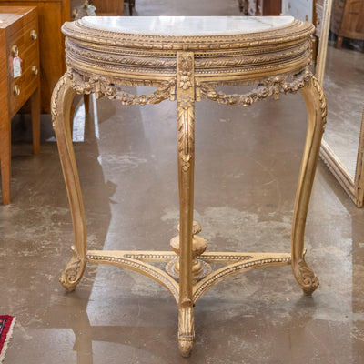 Louis XV Style Gilded Demilune Console Table – White Marble Top & Carved Trim