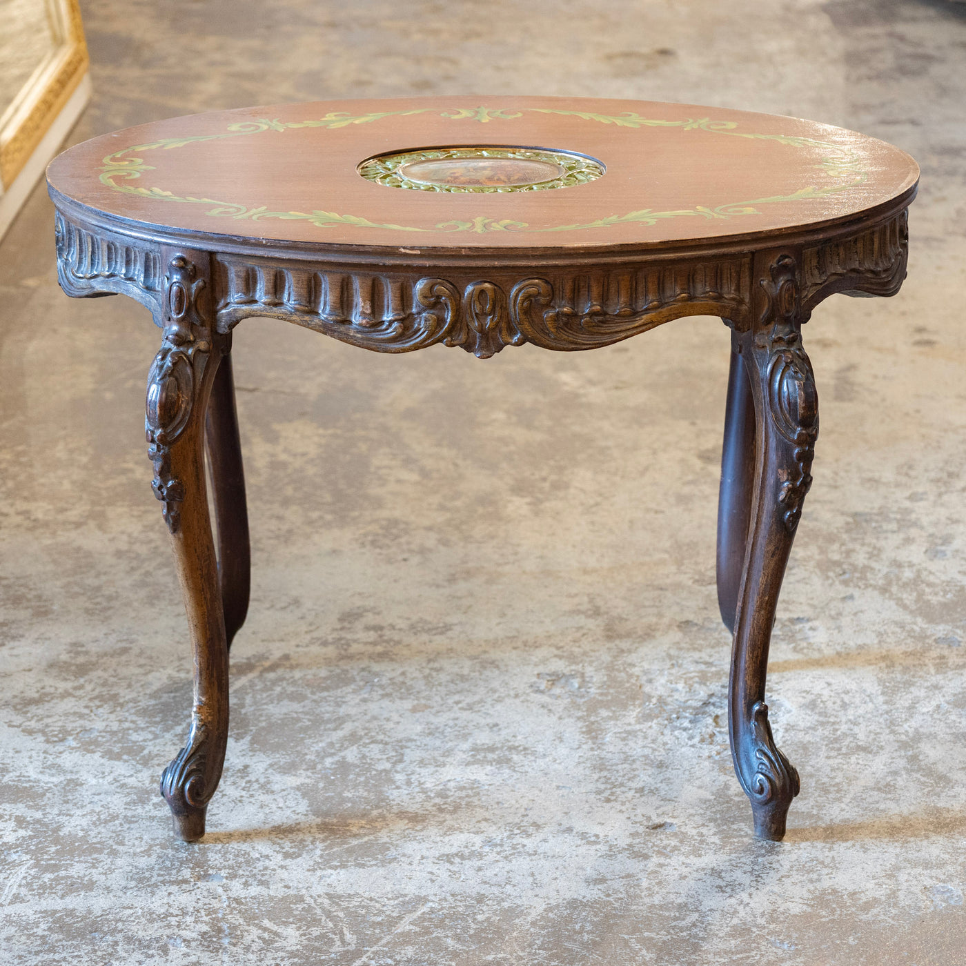 French Carved Side Table – Hand-Painted Inset Scene & Green Trim