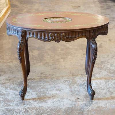 French Carved Side Table – Hand-Painted Inset Scene & Green Trim