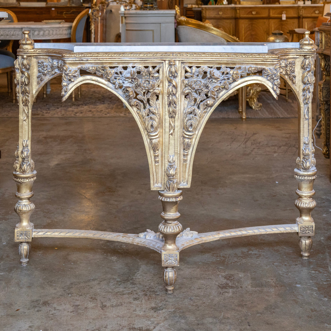 Louis XVI Ornate Gilded Console Table – Hand-Carved Florals & White Marble Top