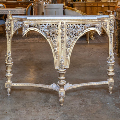 Louis XVI Ornate Gilded Console Table – Hand-Carved Florals & White Marble Top