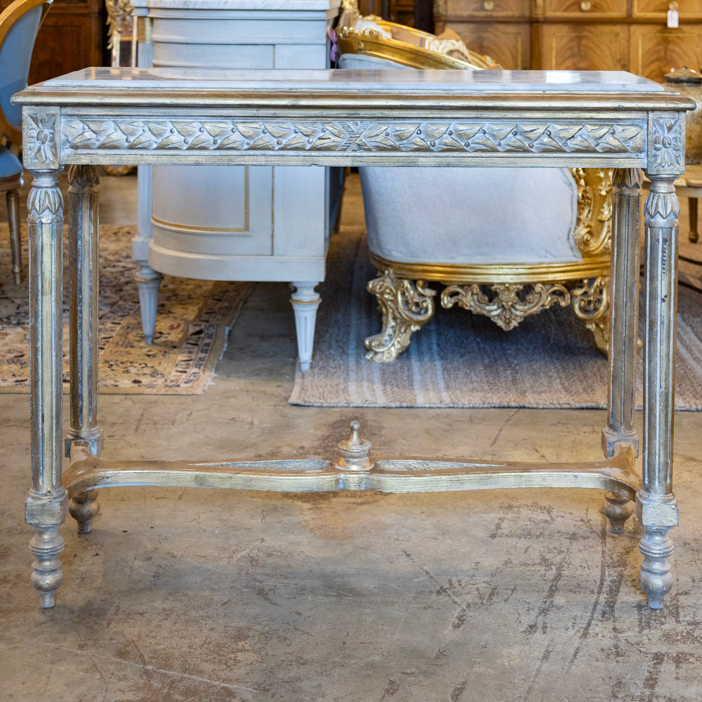 Louis XVI Gilded Champagne Gold Console – Carved Apron & White Marble Top