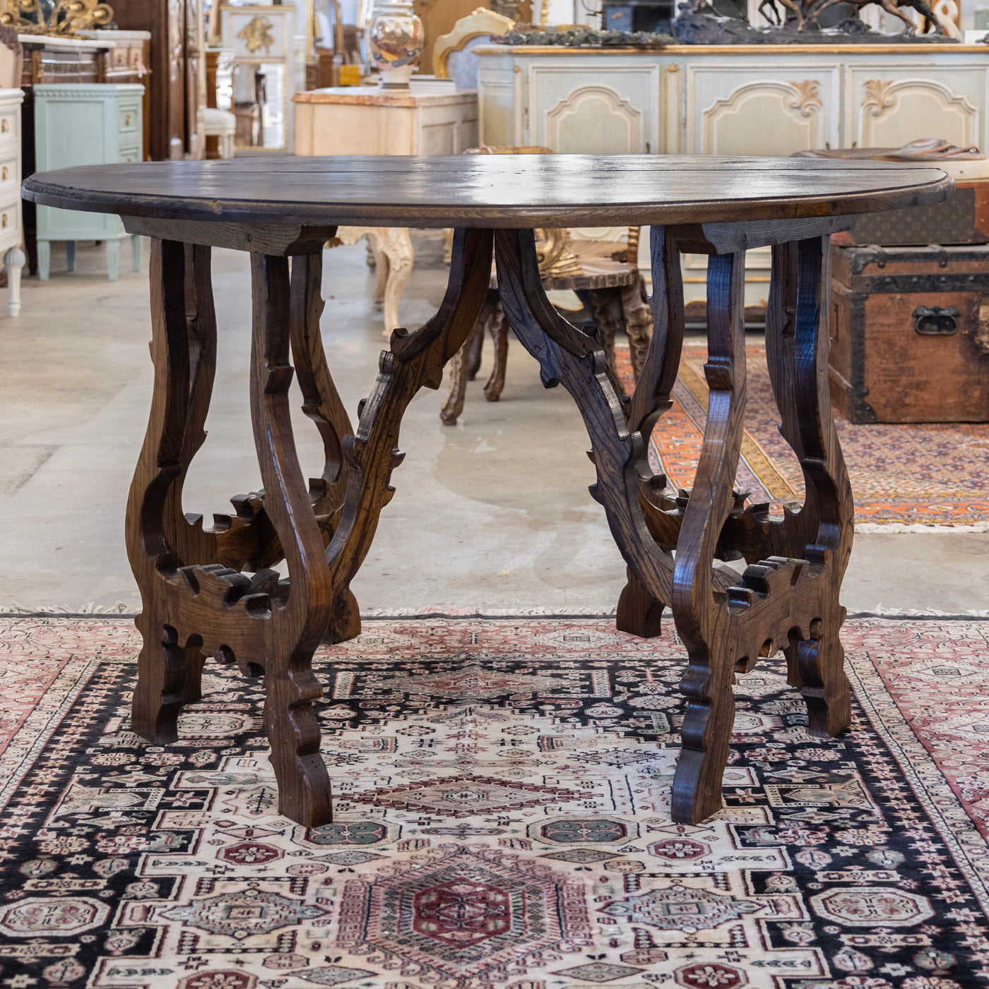 Italian Carved Sculptural Walnut Center Table – Formed By Pair of Demilune Consoles